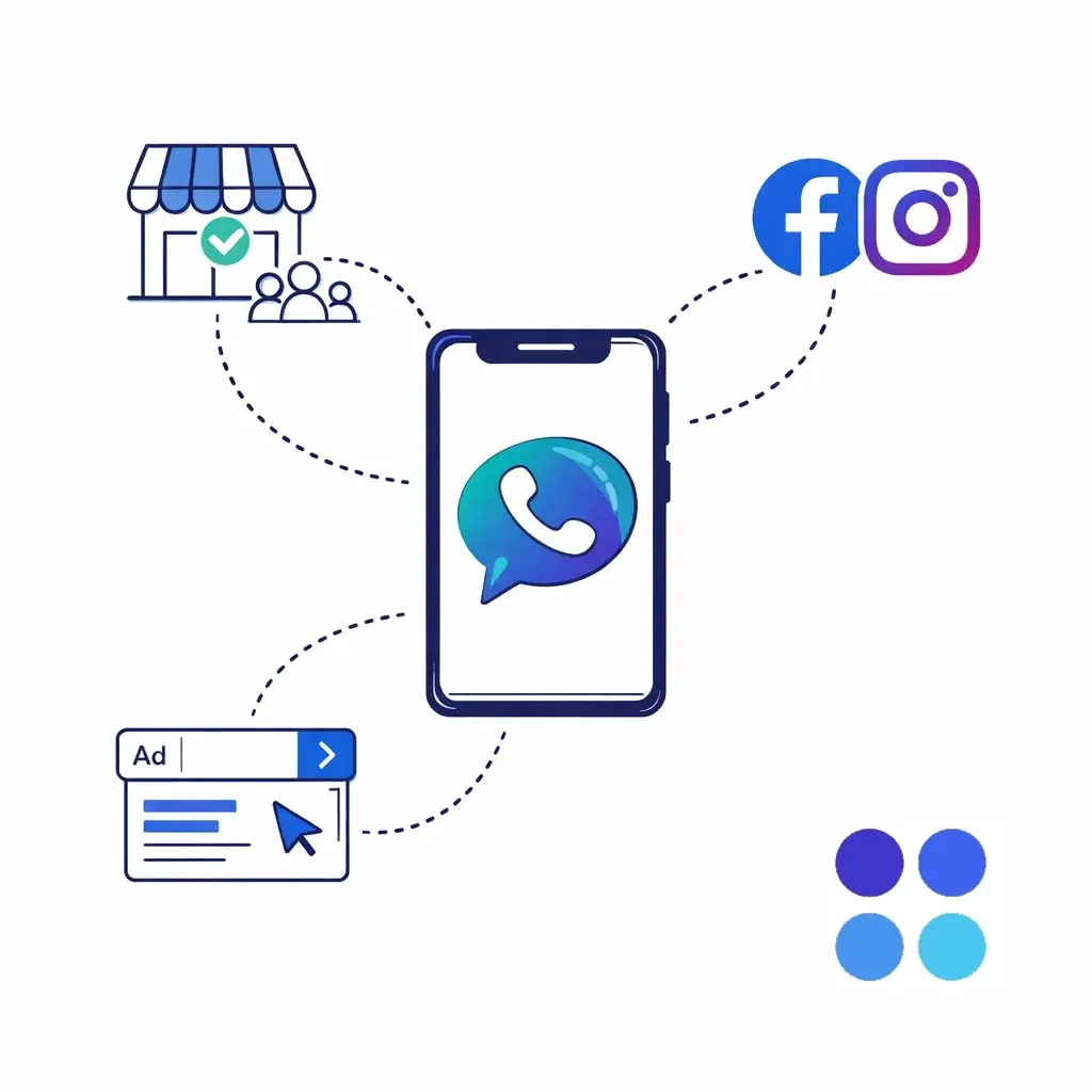 Line art illustration showing a smartphone connecting via dotted lines to Google LSA, PPC search ad, and Meta icons on a white background.