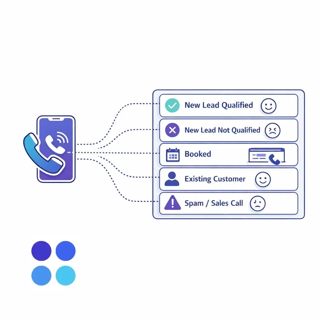 Phone call icon connecting to categories like new lead qualified or not, booked, existing customer, and spam in a table.