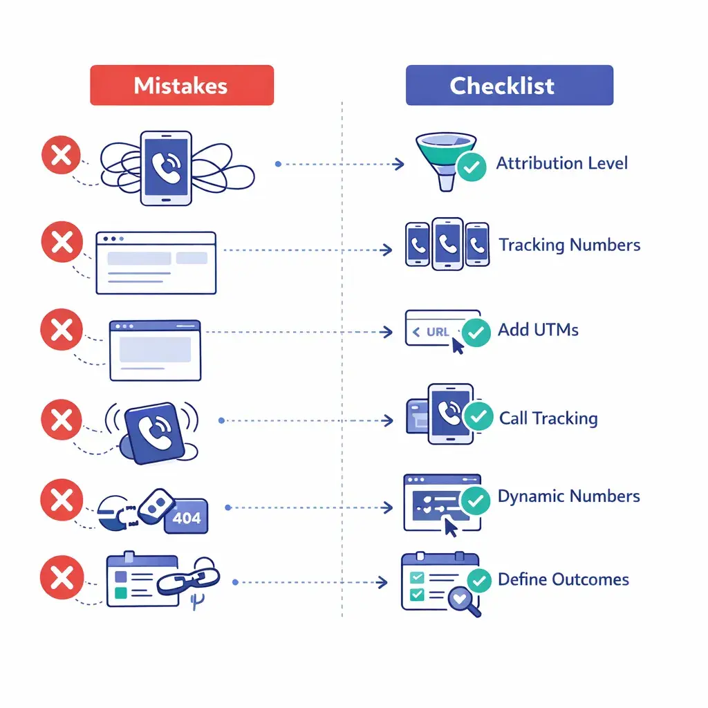 Two‑column comparison of common mistakes with red Xs and checklist actions like tracking numbers and UTMs with green check marks.