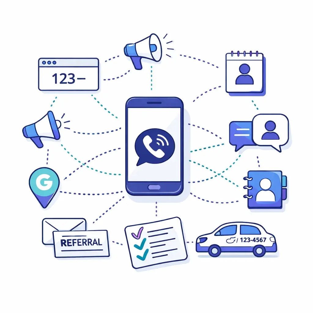 Central phone icon with dotted lines connecting to various sources like megaphones, website, referral note, directory, car wrap and contact book.