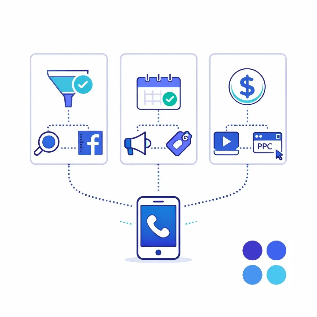 Three panel infographic showing funnel, calendar, and revenue icons linked to channels like search, social, and PPC via dotted lines.