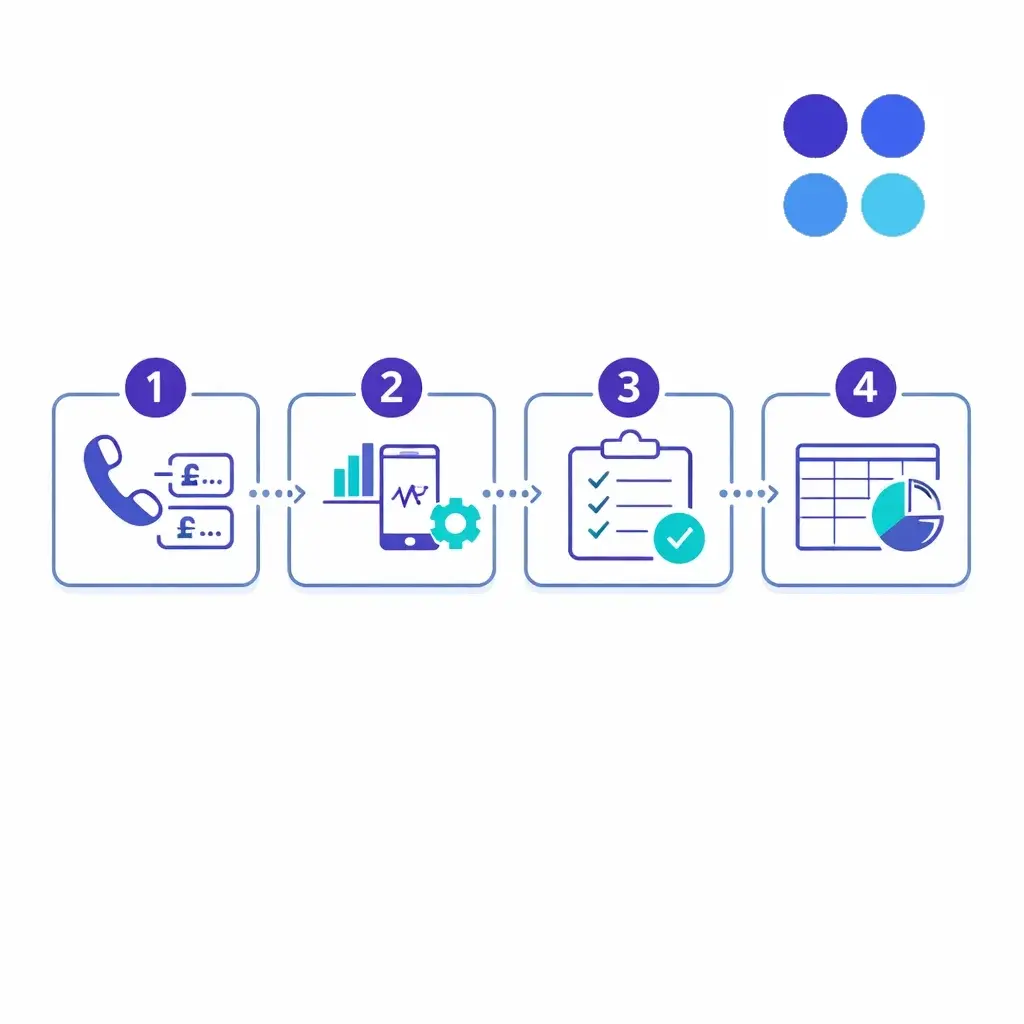 Sequential diagram of four blocks depicting tracking numbers, platform analytics, lead outcome checklist, and reporting icons with dotted connectors.