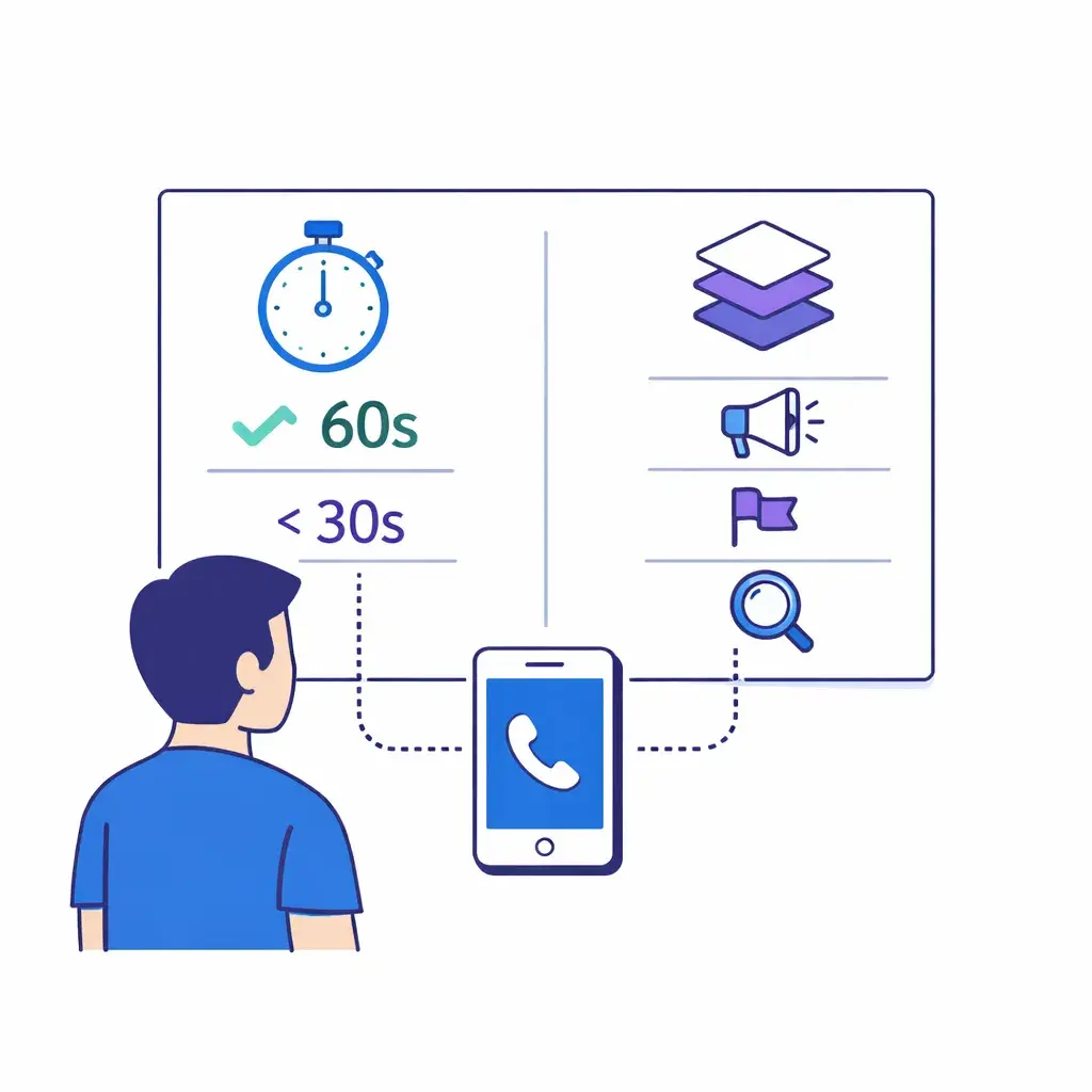 Person examines a board with stopwatch thresholds and stacked attribution levels connected to a phone icon via dotted lines.