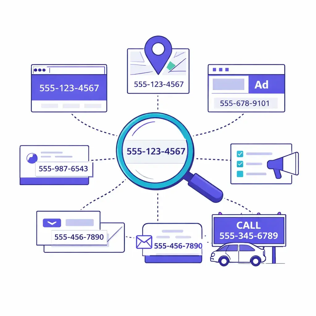 Magnifying glass highlights phone numbers across website headers, maps, ads, business cards, email signatures, and a billboard.