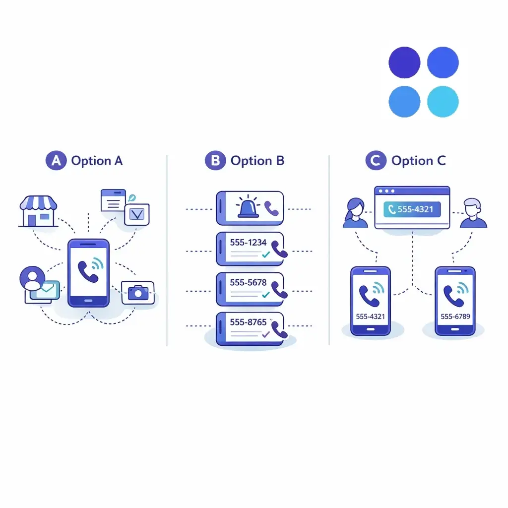 Three panels showing one number per channel, multiple numbers per campaign, and dynamic number insertion on a website with dotted lines.