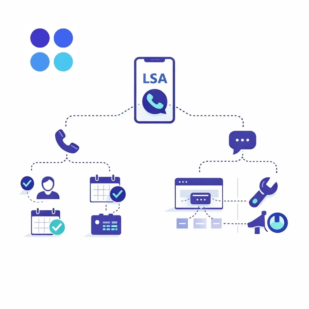 LSA phone number splits into call and message paths with icons for qualified leads, bookings, and job types connected via dotted lines.