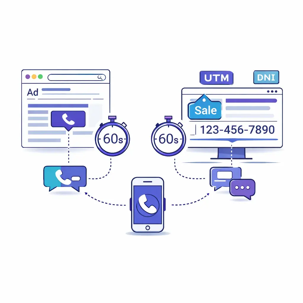 Illustration of call conversions from search ads and dynamic website numbers with 60‑second timers and dotted lines to a phone.