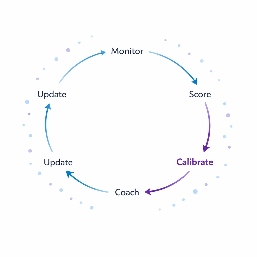 A circular loop shows monitoring, scoring, calibration, coaching, and training updates.