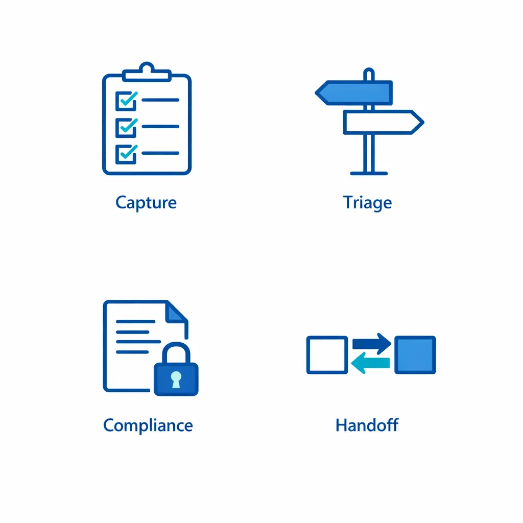 Icons represent accurate data capture, correct triage, compliant disclosures, and clean handoffs.