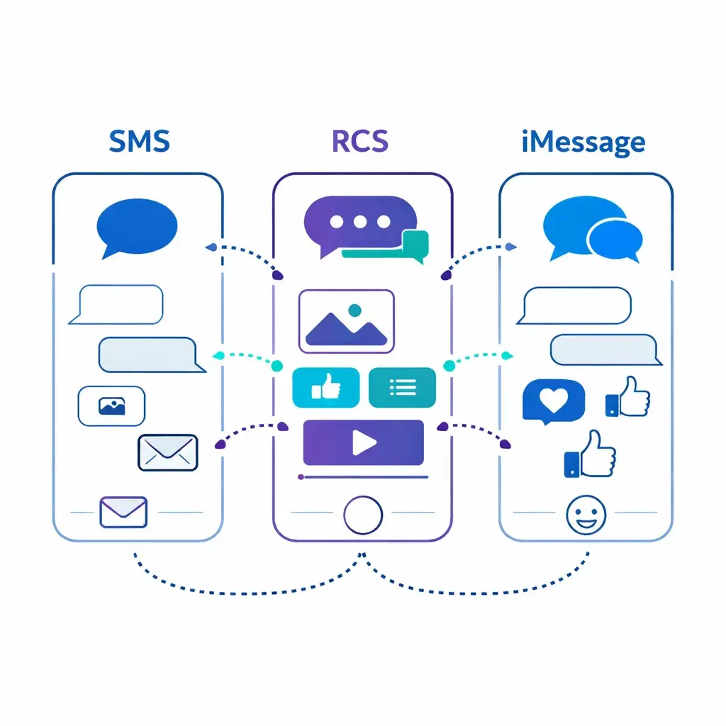Illustration compares SMS, RCS, and iMessage using icons to show basic, rich, and Apple messaging features with dotted lines connecting.