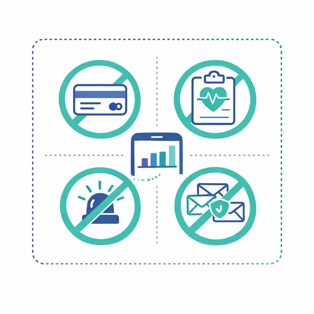 Grid of icons with aqua prohibition signs shows not sending credit card data, medical info, emergency alerts, or high‑volume spam via RCS.