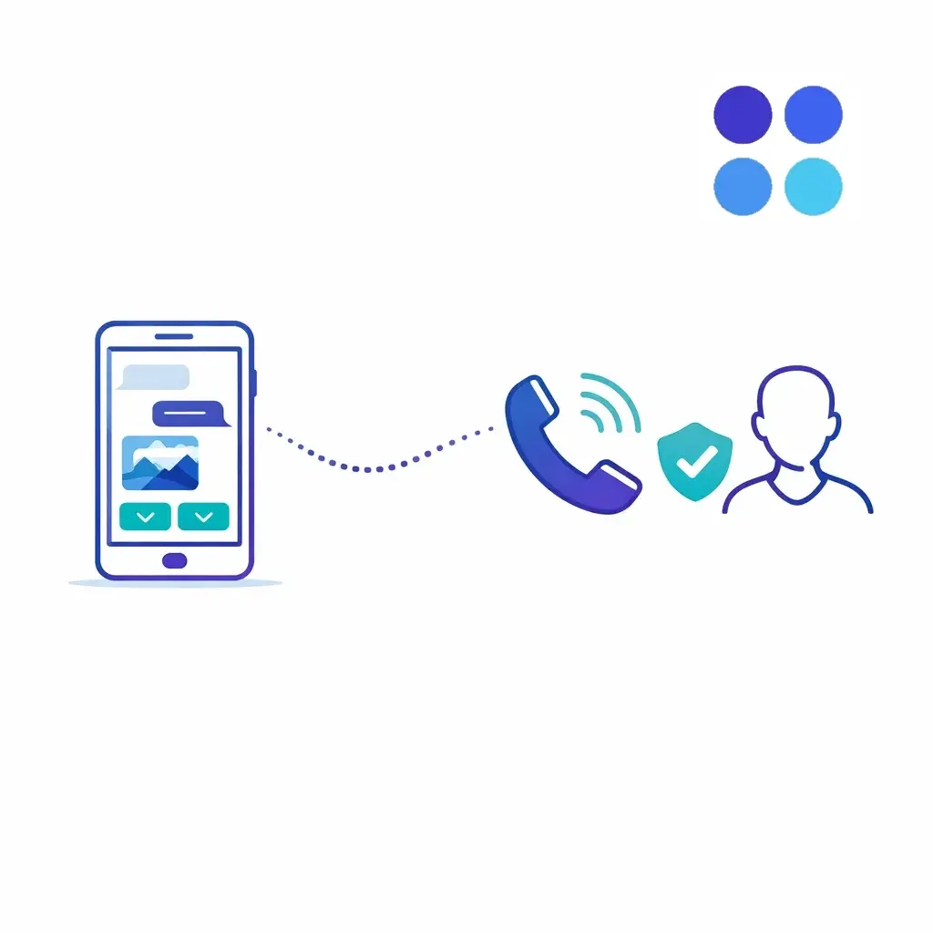 Smartphone chat transitions to a phone call and person silhouette via dotted line, illustrating when a human takes over an RCS conversation.