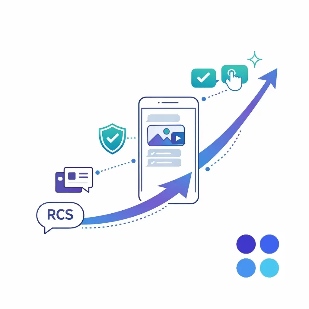 Upward arrow from an RCS message leads to a phone with trust shield and action buttons, symbolizing richer experiences and clear actions in 2026.