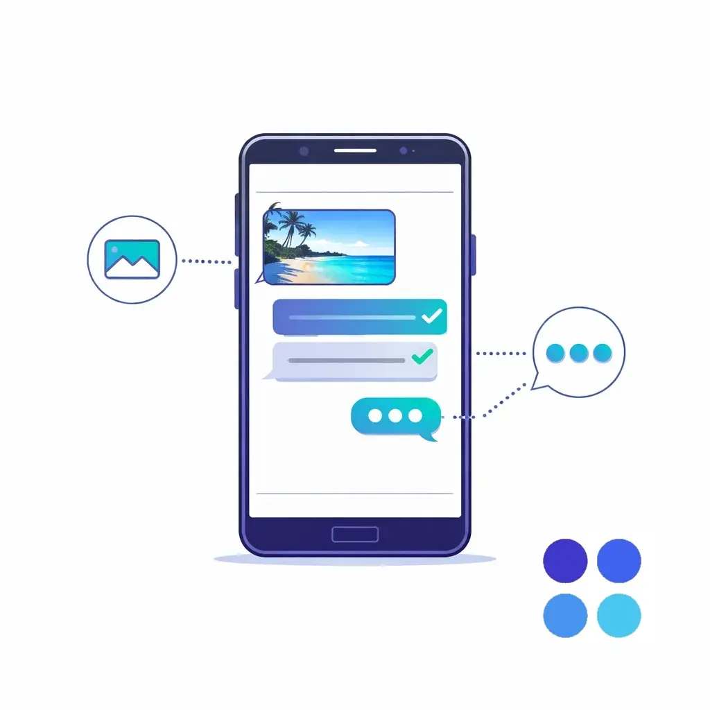 Smartphone screen displays RCS chat with high‑resolution image, read receipts, and typing indicator highlighted with dotted lines.