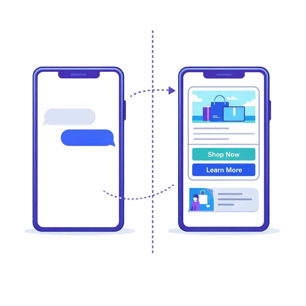 Split‑screen illustration contrasts plain SMS texting with a rich RCS conversation featuring buttons and cards connected by a dotted line.