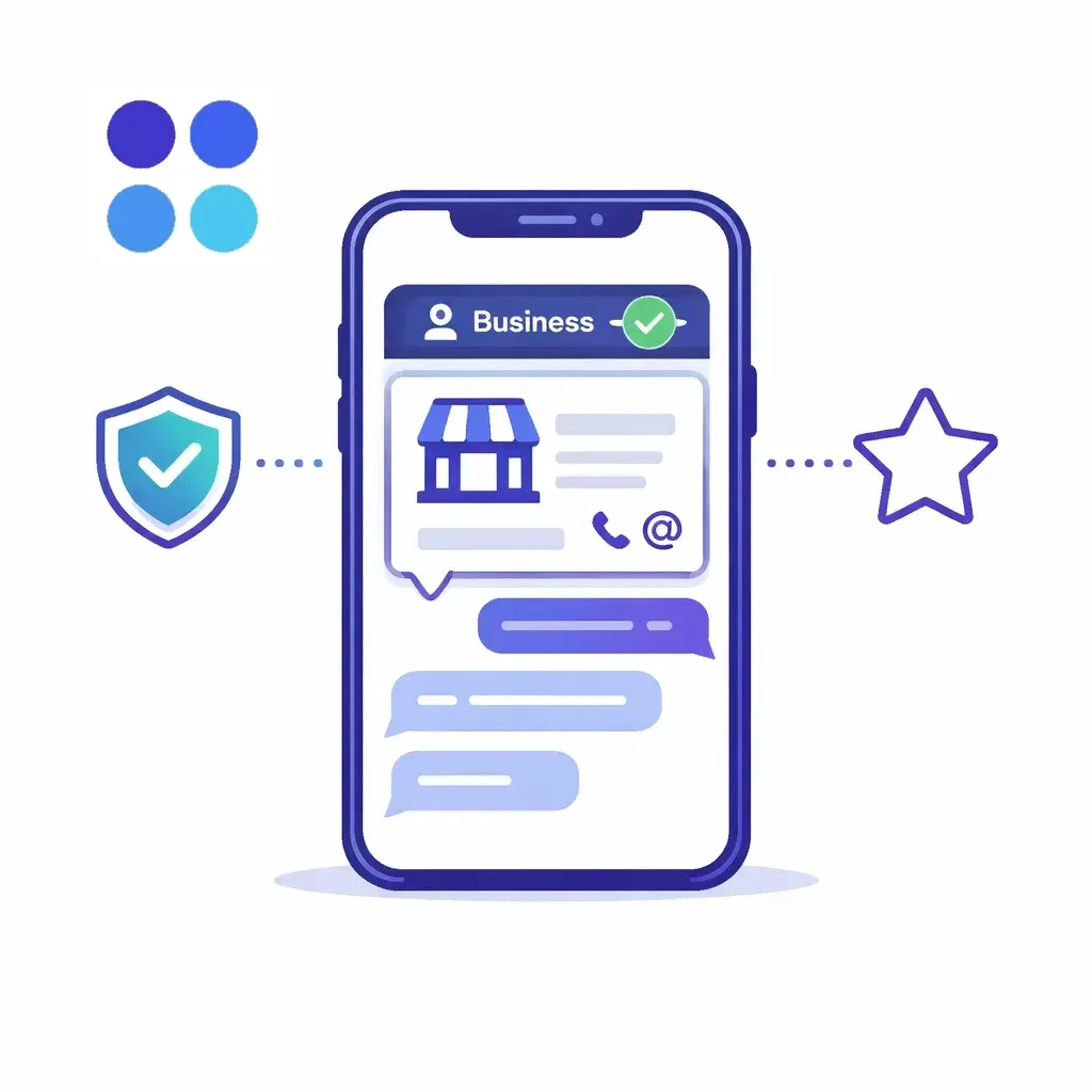 Minimalistic smartphone chat shows a verified badge and business profile card with dotted lines emphasizing trust and identity.