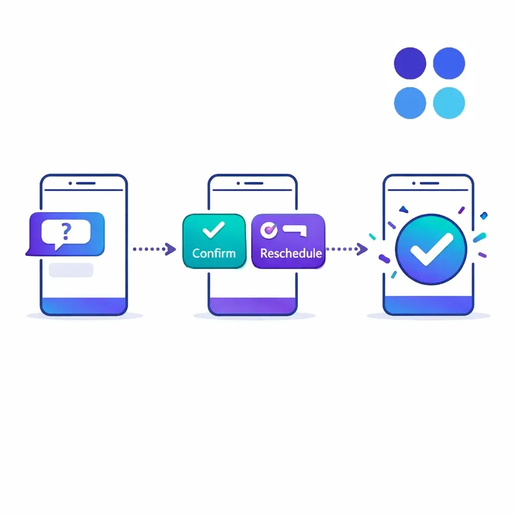 Three‑panel sequence shows a question, tap options like confirm and reschedule, and a check mark, connected by dotted lines.