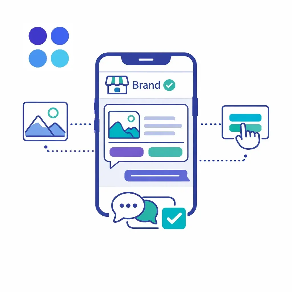 Illustration of a branded RCS agent profile with verified badge and rich card containing media and buttons, highlighted by dotted lines.