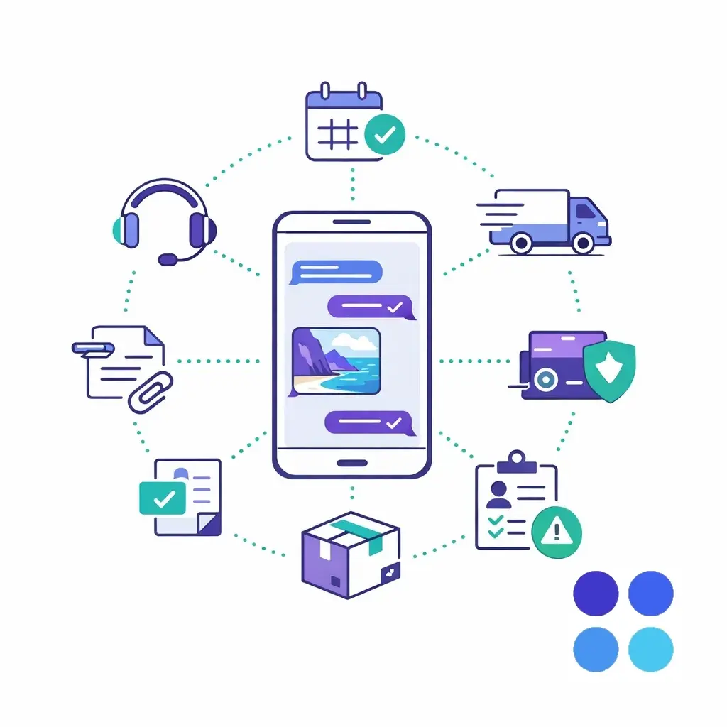 Circular infographic surrounds a smartphone with icons for appointments, dispatch, updates, lead capture, document sharing, and support linked by dotted lines.