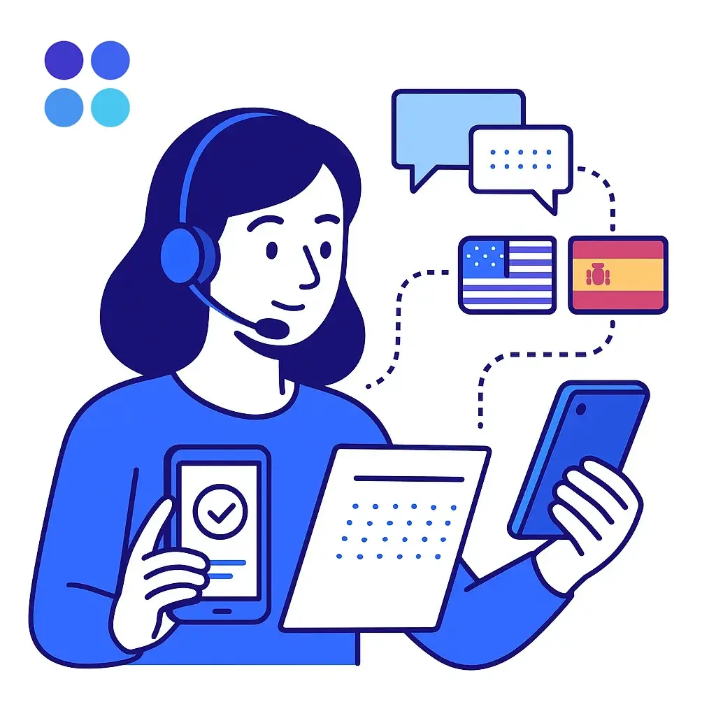 Bilingual agent handles paperwork and two phones with speech bubbles and U.S. and Spanish flags, illustrating a Spanish‑first lead.