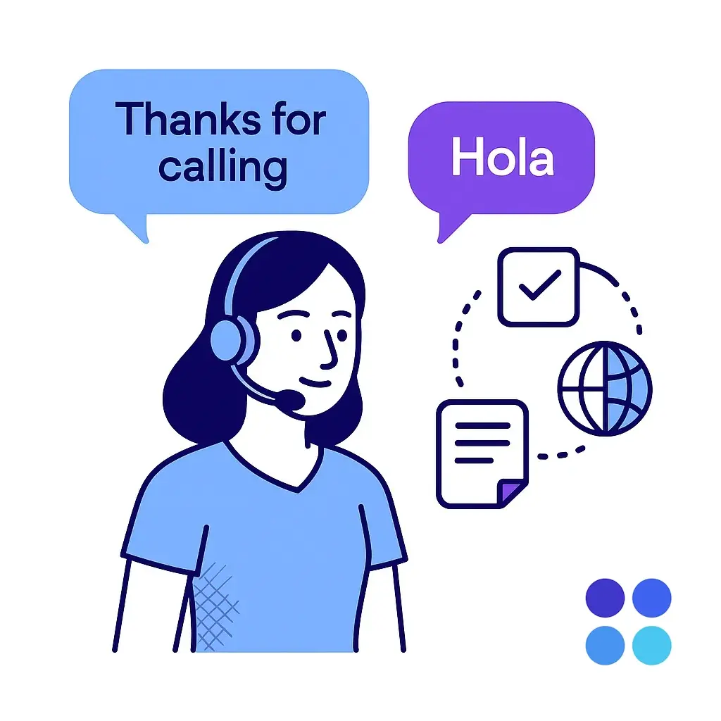 Call agent greets callers in English and Spanish, with speech bubbles and icons for checklist and globe emphasizing bilingual scripts.