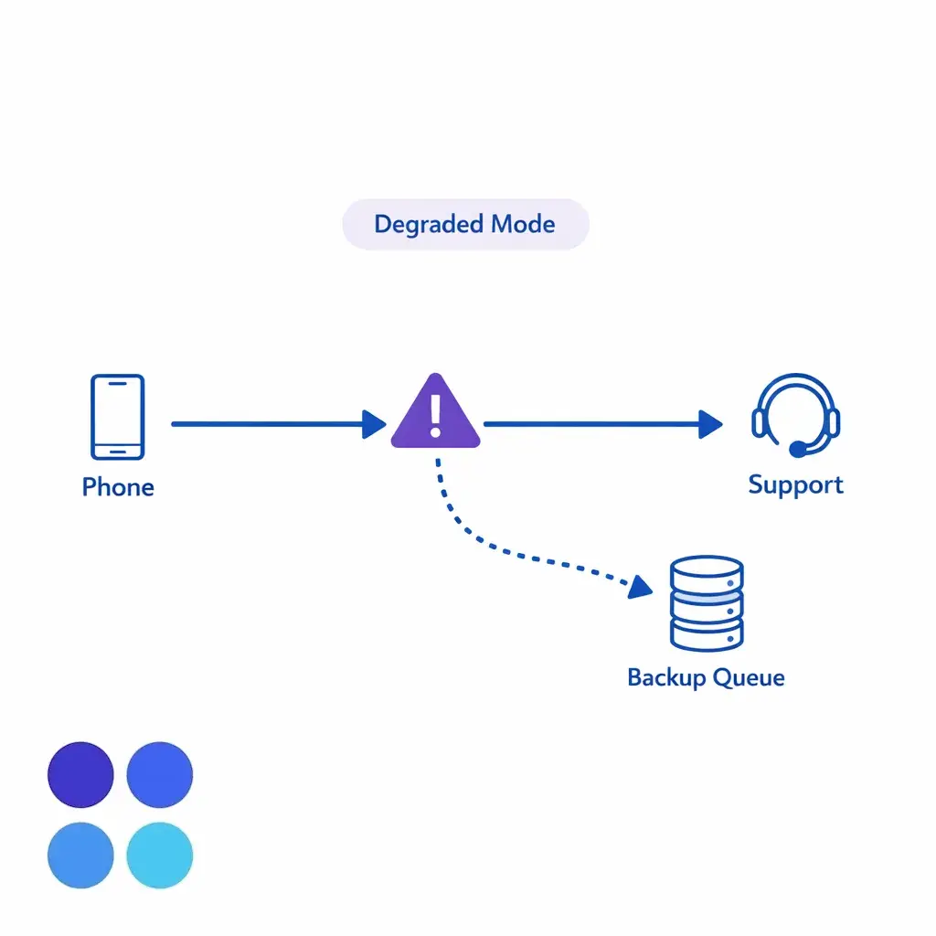 A minimal diagram shows rerouting calls during outages with a backup path and status indicator.
