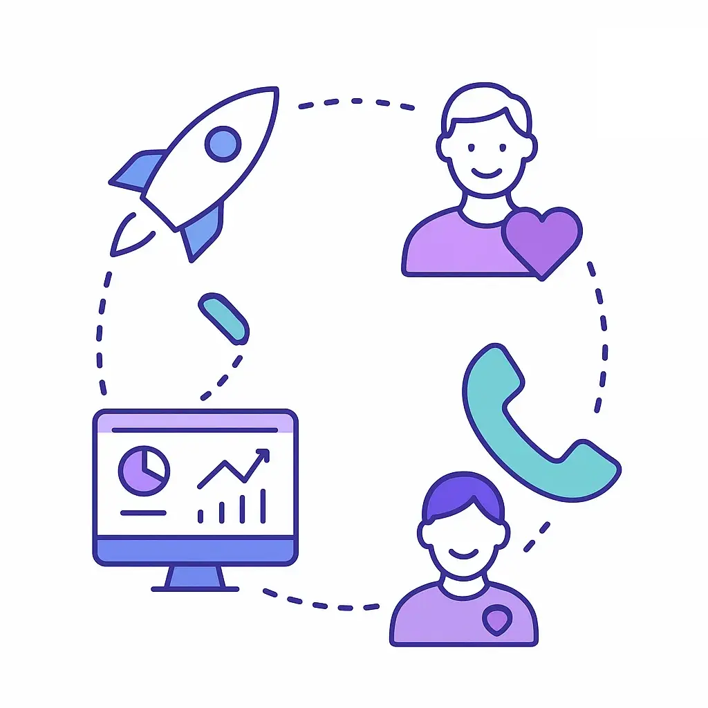 Infographic with icons representing speed, empathy, analytics, and phone to summarize website chat benefits.