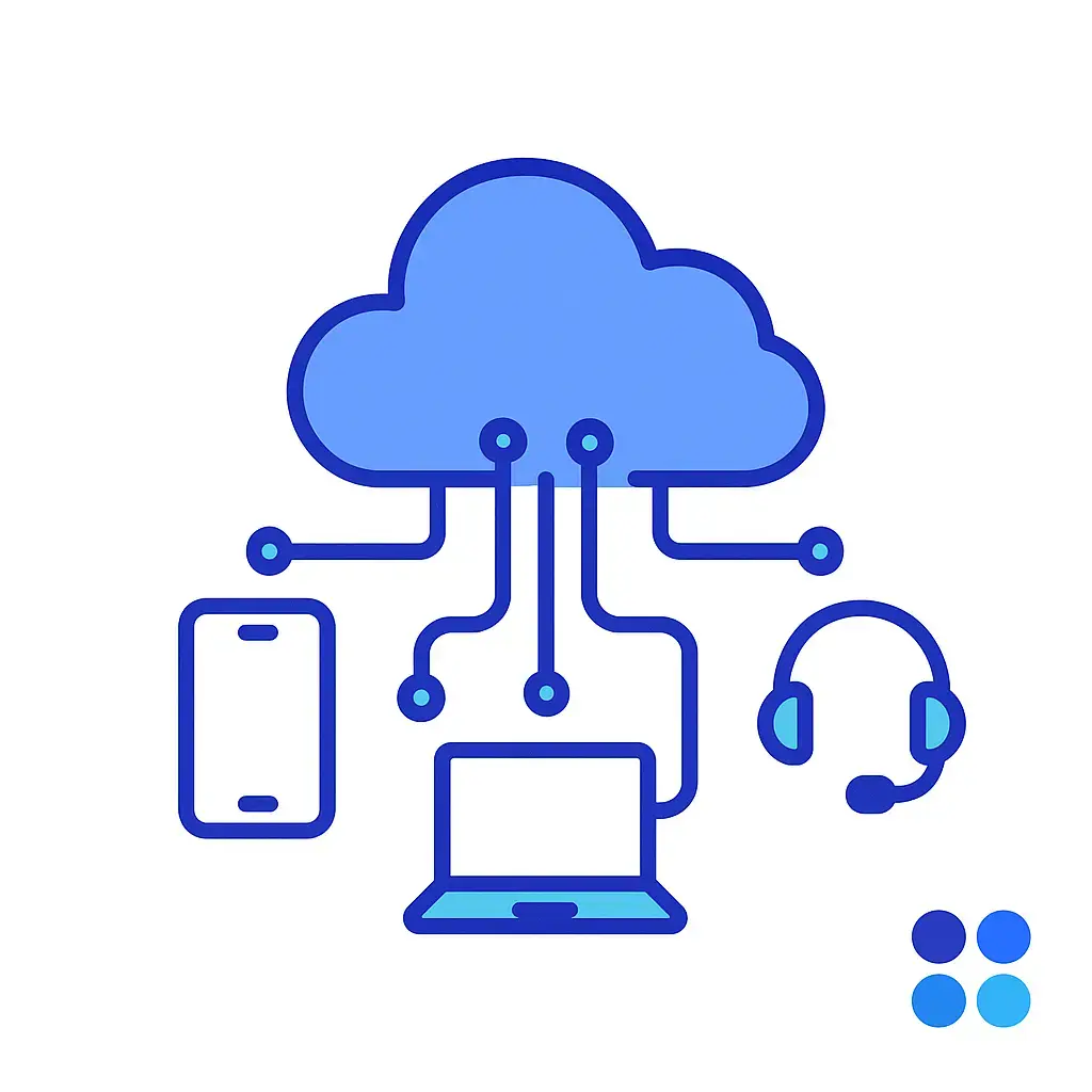 A minimalist line-art illustration on a white background depicting a stylized cloud in periwinkle-blue with dark blue circuit lines branching down to a smartphone.