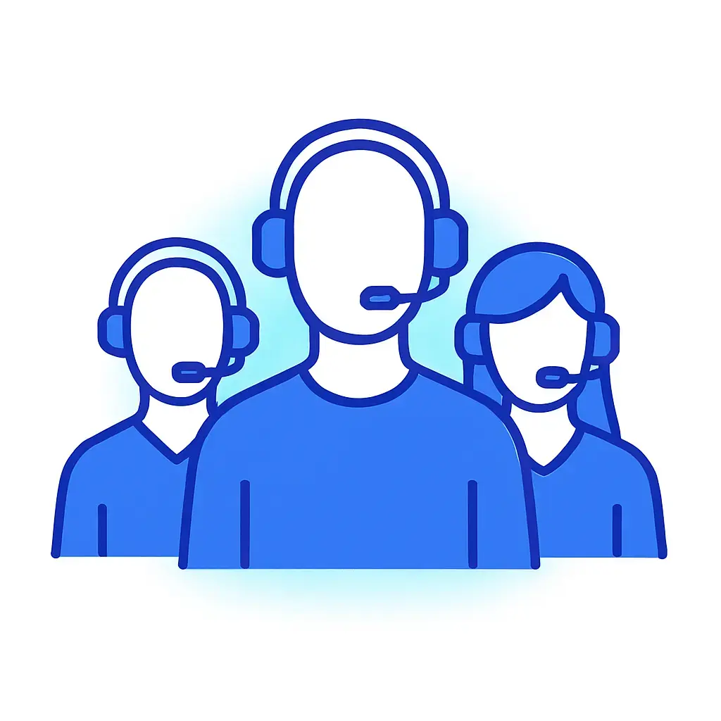 A minimalist line-art illustration on a white background showing three headset-wearing silhouettes arranged in descending height.
