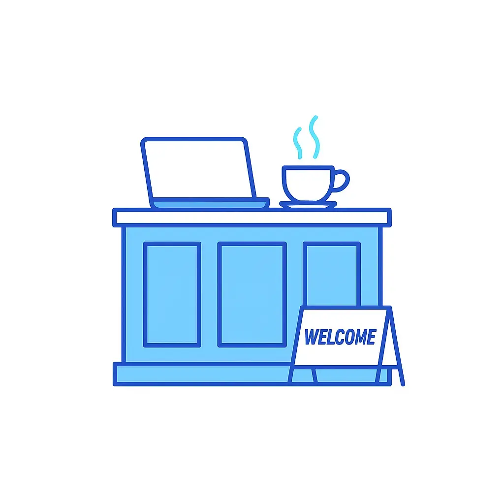 A minimalist line-art illustration on a white background showing a counter with wood-paneled details in sky blue, an open laptop in deep blue.