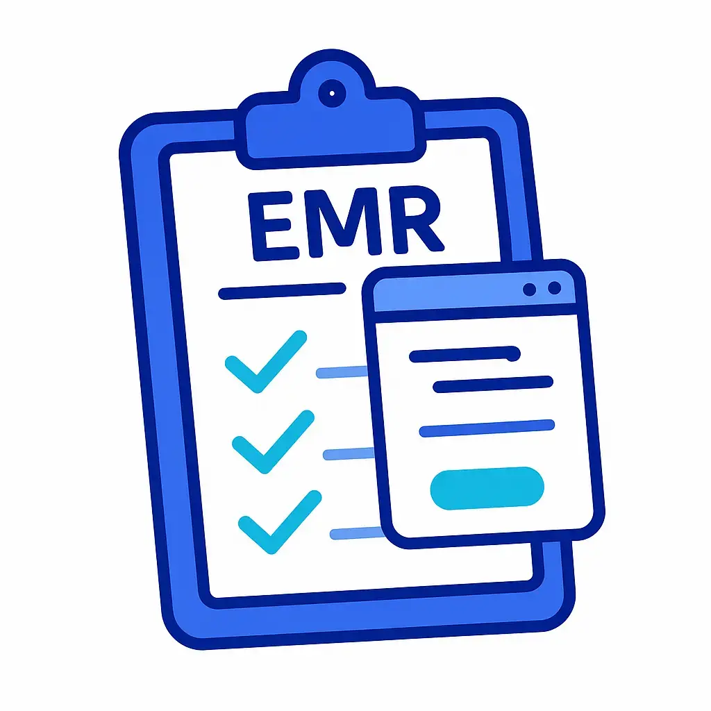 A minimalist line-art illustration on a white background showing a clipboard outlined in medium blue with a bold “EMR” label at the top.