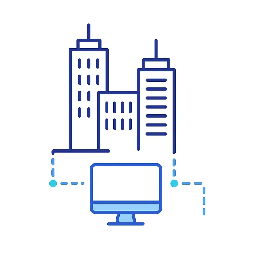 A minimalist line-art illustration on a white background showing three skyscrapers of varying heights connected by dashed sky-blue lines to a central computer monitor in royal blue.