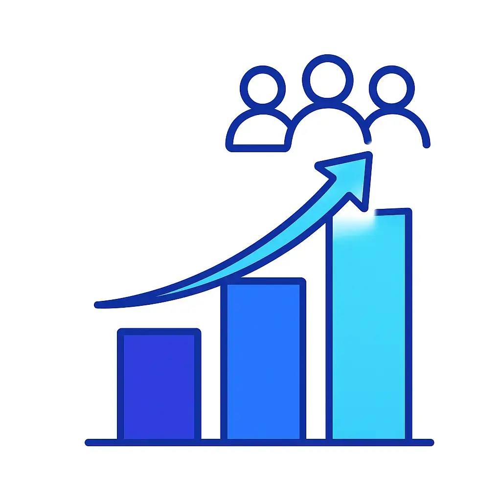 A minimalist bar chart on a white background showing four ascending bars in deep blue, royal blue, sky blue, and cyan.