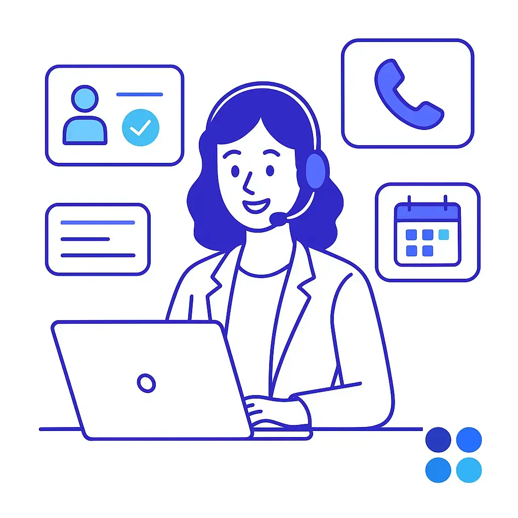 A minimalistic line art illustration of a welcoming virtual receptionist at a laptop with floating interface panels for check-ins, phone calls, and a calendar.