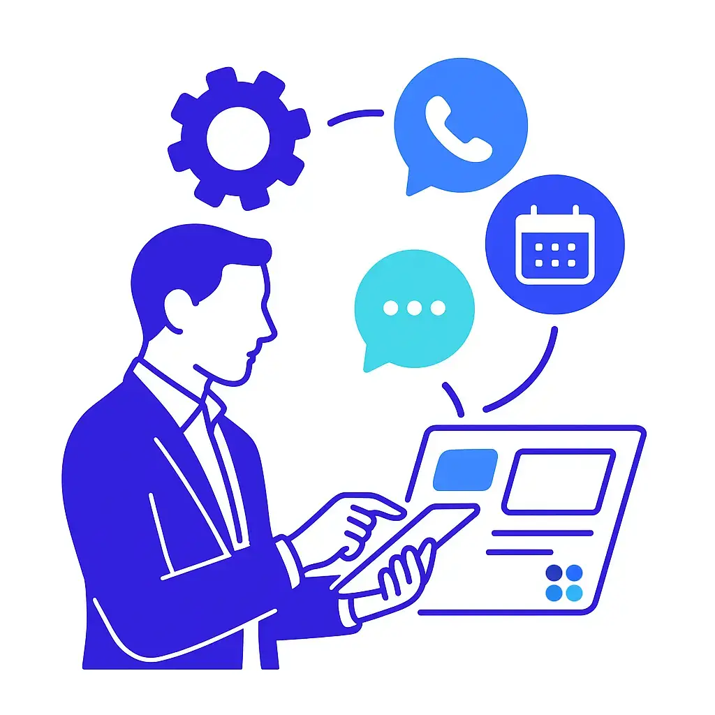 A minimalistic line art illustration featuring a business silhouette interacting with a tablet, surrounded by stylized gears transforming into chat bubbles, a phone icon, and calendar symbol.