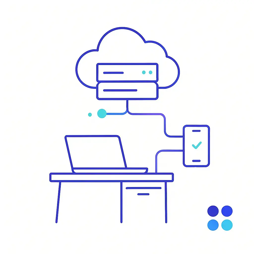 A cloud server icon connects to a laptop on a desk and a smartphone, illustrating synchronized virtual front desk access.