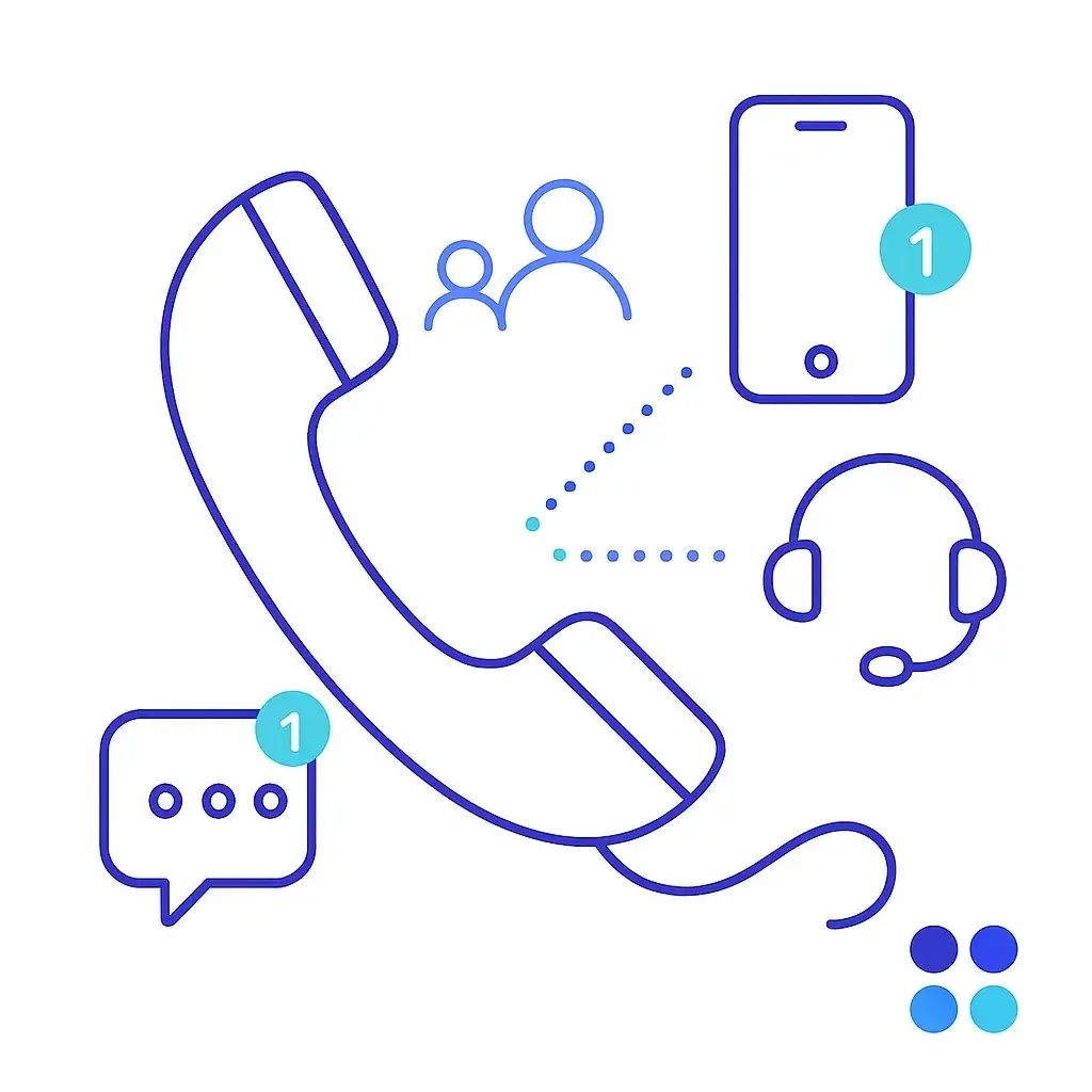 A large telephone handset is surrounded by a headset icon, a smartphone with a notification badge, a chat bubble with a badge, and user group icons, representing multichannel virtual assistance.