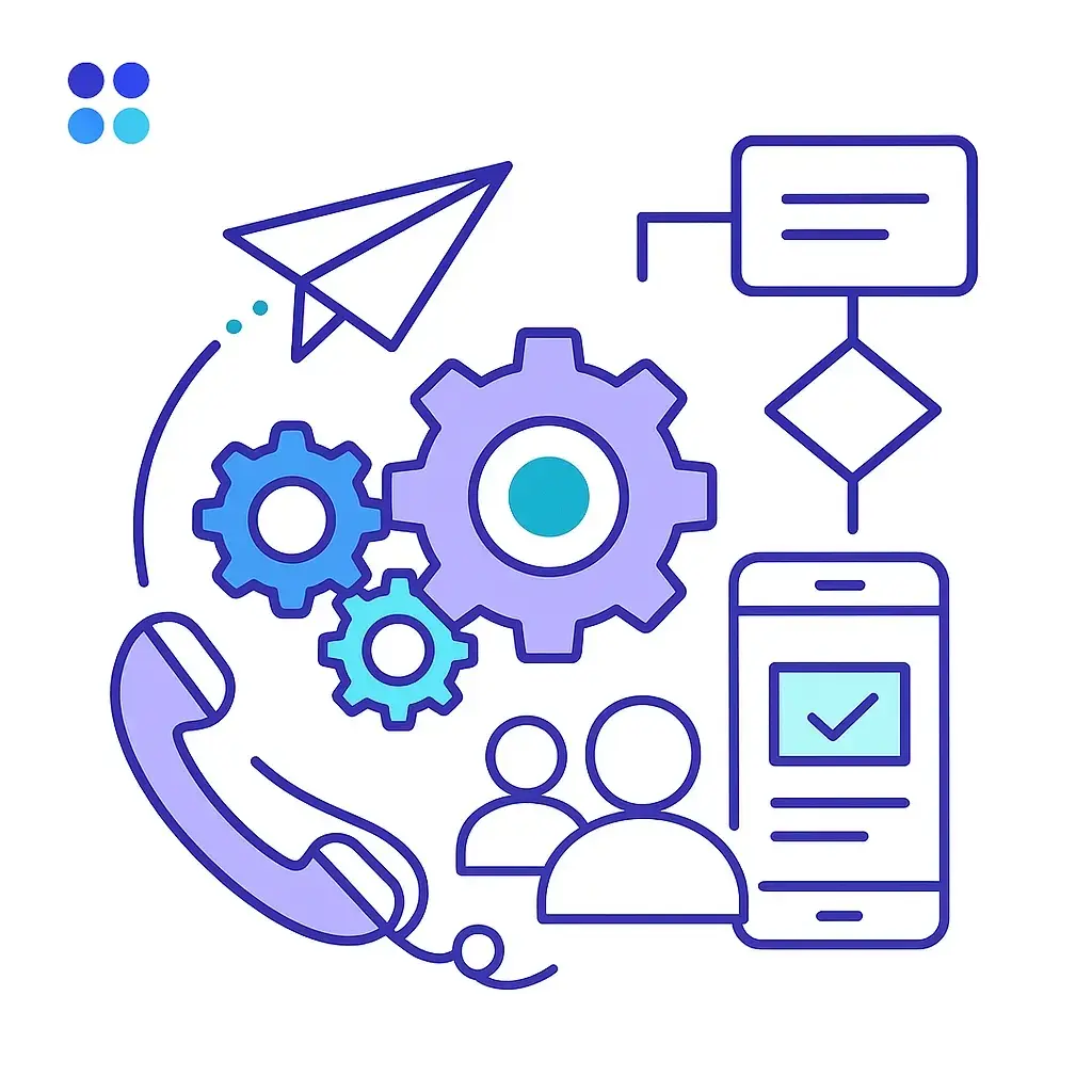 Gears, a paper airplane, a flowchart diagram, a telephone handset, a user group icon, and a smartphone with a checkmark are interlinked in a circular layout, depicting a fully integrated front desk automation.