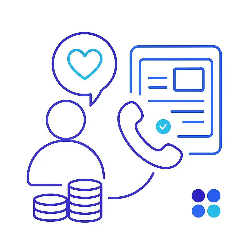 A user icon beside coin stacks is linked by a telephone handset to a digital interface showing a checkmark, representing payment processing and booking confirmations via the virtual front desk.