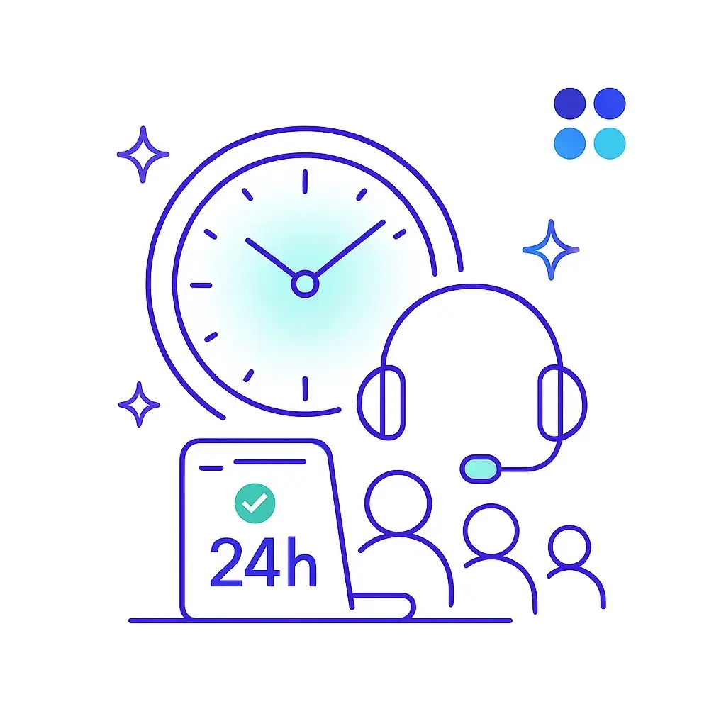 A clock face glowing behind a headset and a line of user silhouettes next to a laptop screen showing “24h” and a checkmark.