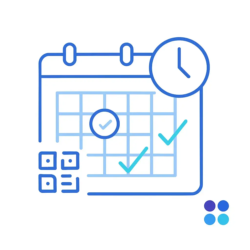 A minimalist line-art calendar grid on a white background, showing a circled date, a clock icon overlay in the top right.