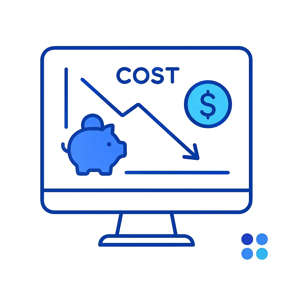 A modern line-art illustration on a white background showing a computer monitor displaying a downward-trending cost graph and a piggy bank icon on the lower left.