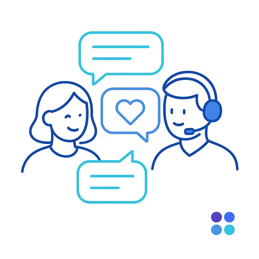 A minimalist line-art illustration on a white background showing a smiling female customer on the left and a headset-wearing virtual representative on the right, exchanging three speech bubbles