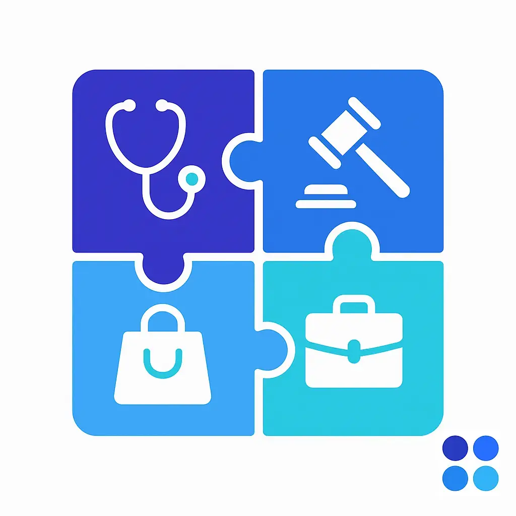 An illustration of four interlocking puzzle pieces, each piece featuring a white icon: a stethoscope, gavel, shopping bag, and briefcase, with aqua-green accent details.