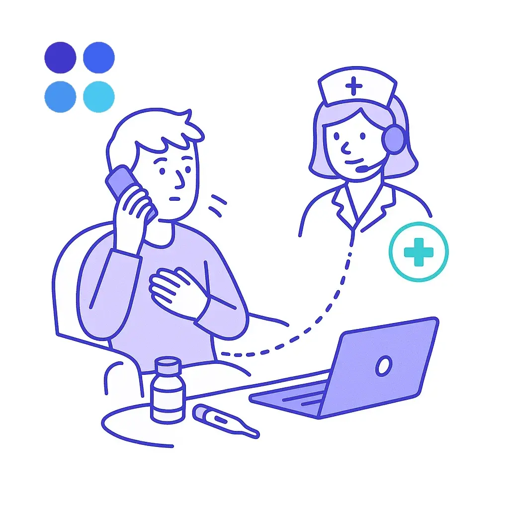 Patient on a couch with medicine and thermometer calls a nurse via dotted line, with a medical cross symbol indicating care.