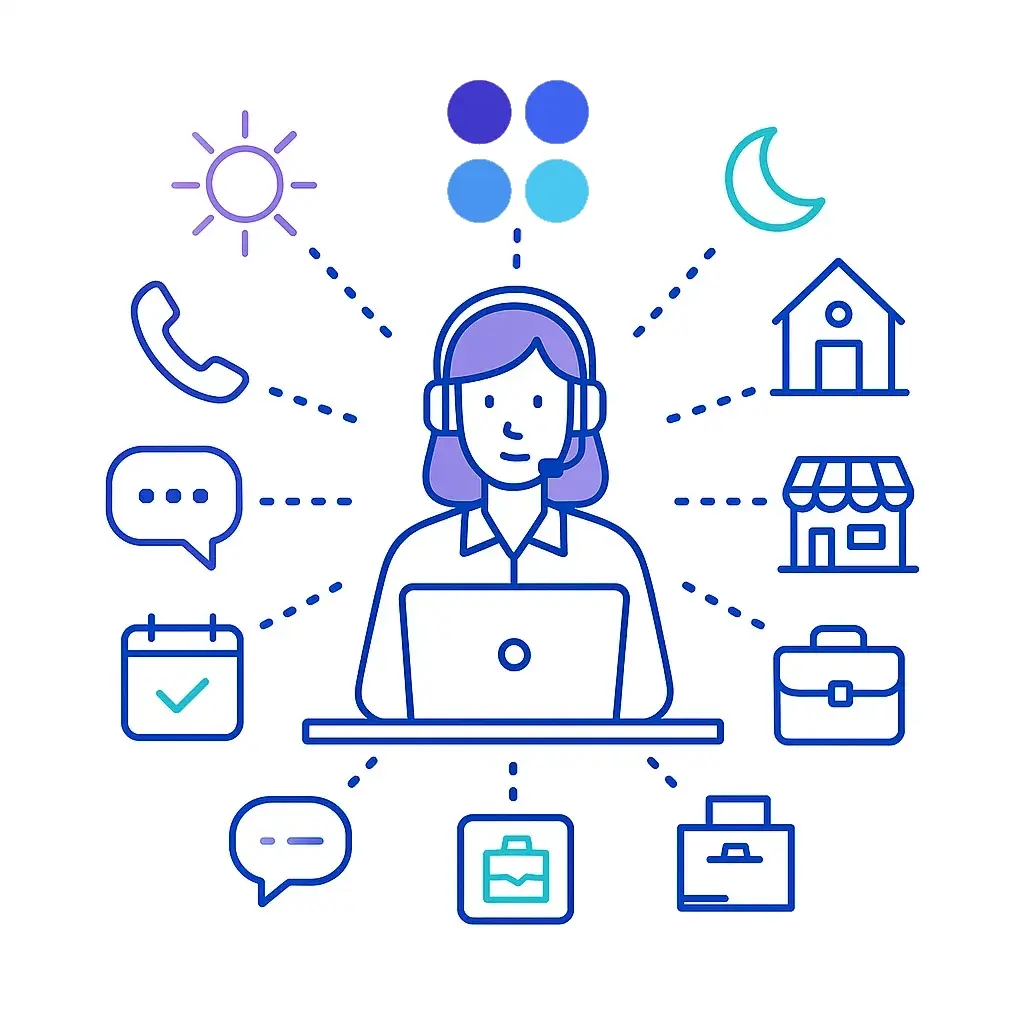 Central receptionist with headset connected by dotted lines to phone, chat, calendar and business icons, plus sun and moon for 24/7 service.