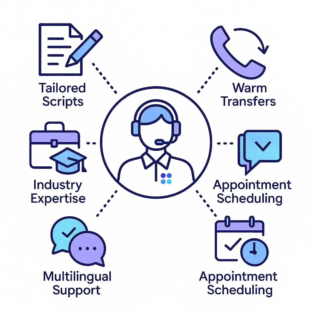 Infographic showing a receptionist icon linked to icons for tailored scripts, warm transfers, appointment scheduling, multilingual support and expertise.