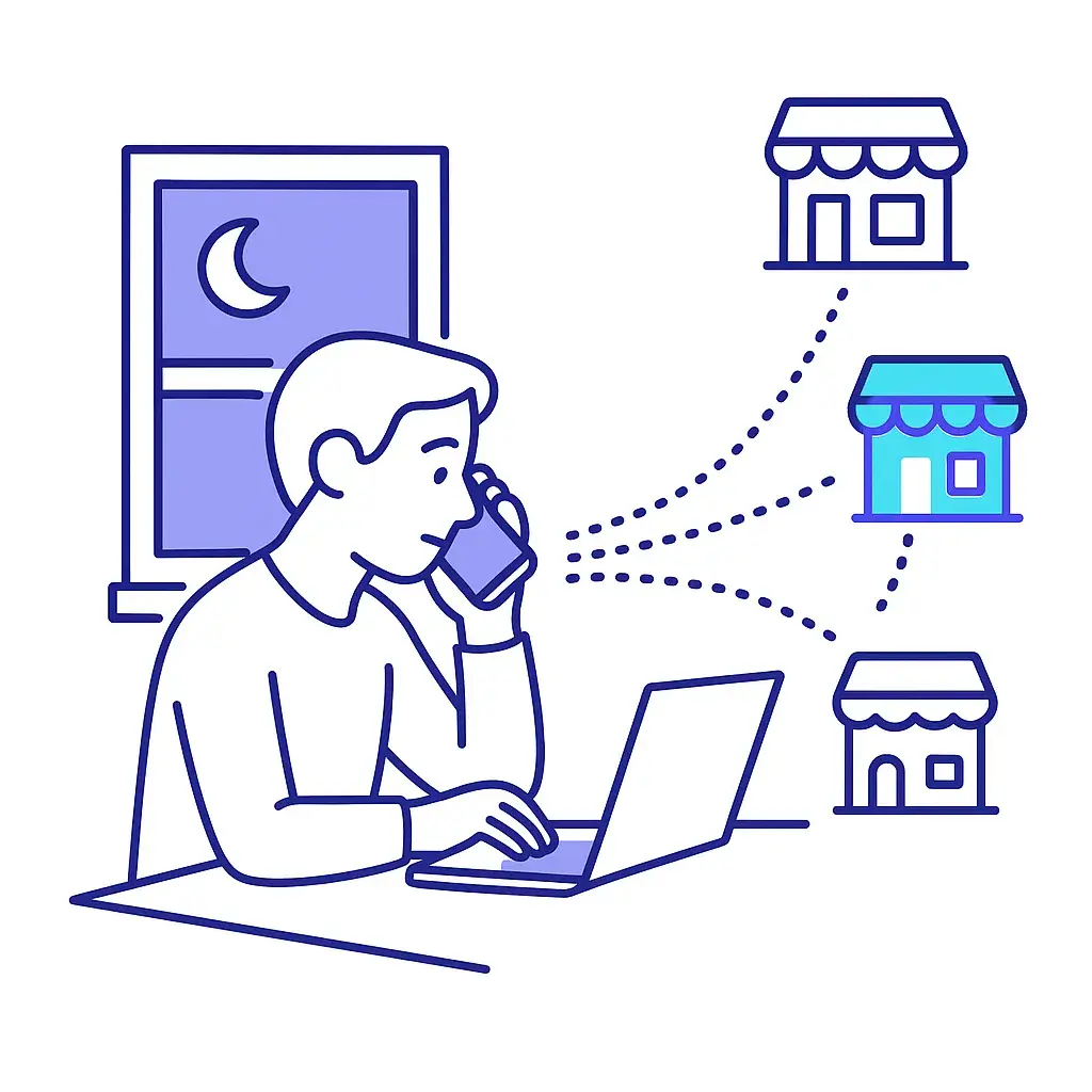 Illustration of a person working late connecting via dotted lines to multiple storefronts, showing one business capturing the lead at night.