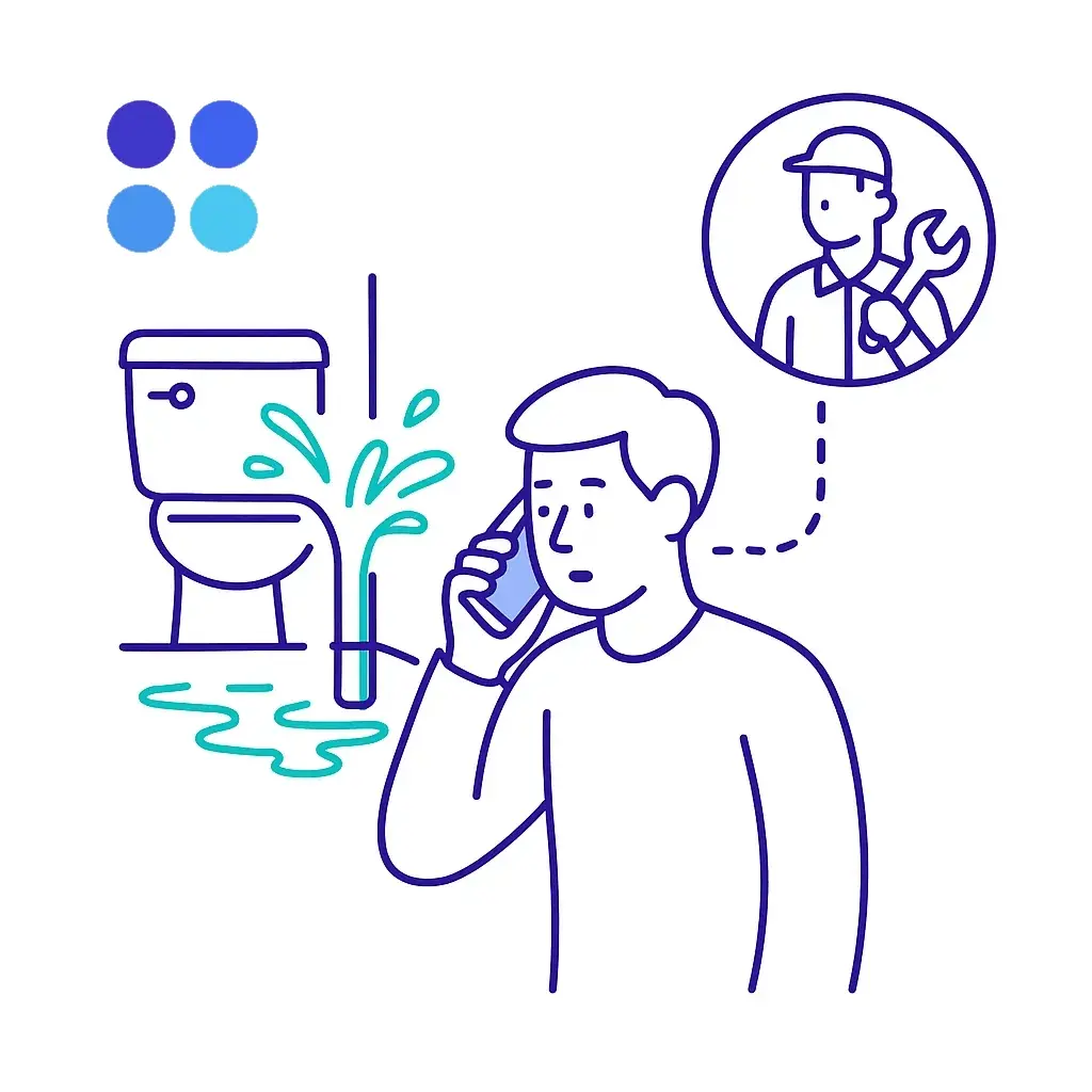 Minimal line art of a homeowner calling during a plumbing emergency with a dotted line to a technician icon indicating prompt response.
