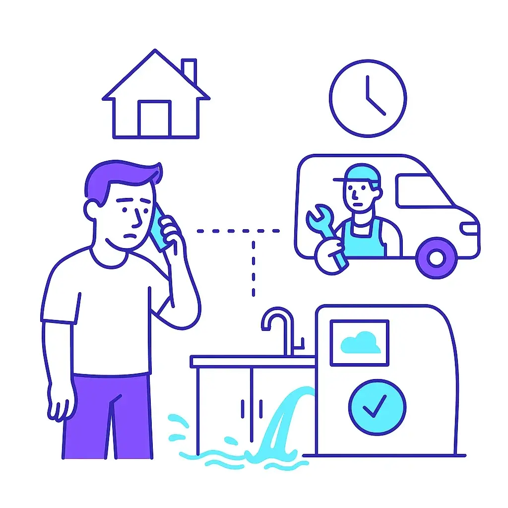 Home services scene where a flooded sink leads a homeowner to call a plumber, with icons of a van, clock and house connected by dotted lines.